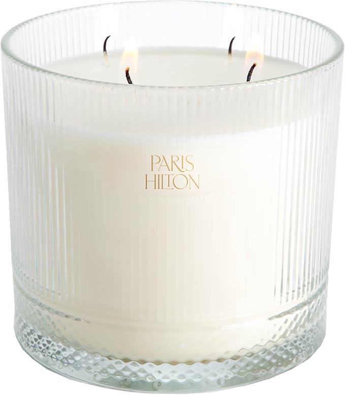 Paris Hilton Cupcake Sprinkles Scented Candle, Clear Ribbed Glass Vessel with Faceted Diamond Detail, Premium Plant Wax Blend, 4-Wicks, 40-Ounce