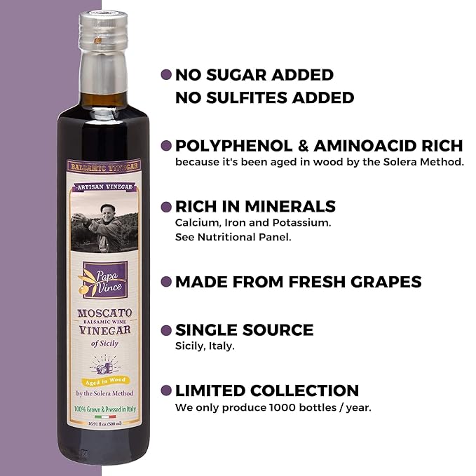 Papa Vince Aged Balsamic Vinegar - No Sugar, No Sulfites Added, No Pesticides. Made from freshly crushed whole grapes grown in Sicily, Italy, Minimally Processed, Delish subtle wine finish