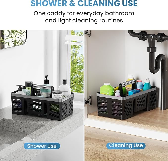BYUNER Plastic Shower Caddy Dorm: Portable Cleaning & Shower Caddy with Handle, 4 Divided Compartments, All-Side Drainage, Rigid Plastic Basket Tote for College Dorm & Bathroom Use