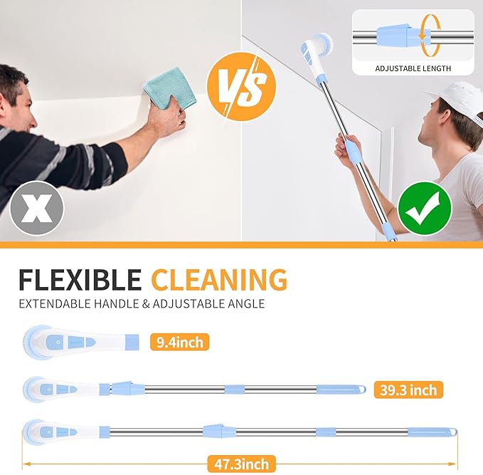 Electric Spin Scrubber Cordless Shower Scrubber with Long Handle, Cleaning Brush with 8 Replaceable Brush Heads, Electric Scrubber for Cleaning Bathroom Shower Floors Tub Tile
