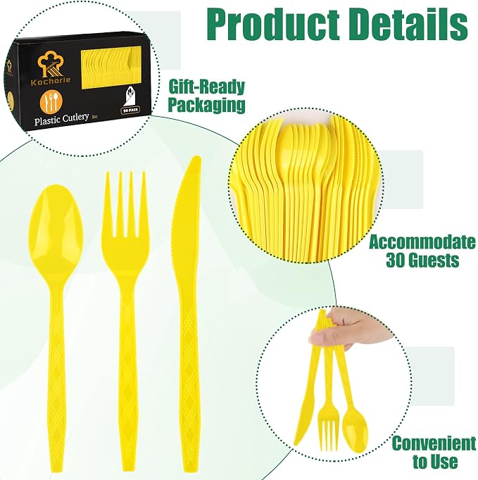 Kochorie 90 Pieces Yellow Plastic Cutlery Set Disposable Plastic Utensils Heavy Duty Flatware Set Includes 30 Knives 30 Forks 30 Spoons for Birthday Wedding Party, Picnic