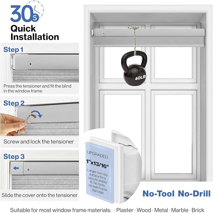 No Drill Cellular Shades, Light Gray 28" W x 48" H Cordless Light Filtering Pull Down Pleated Honeycomb Blind Thermal Insulated Easy Install for Indoor Window Bedroom Living Room Kitchen