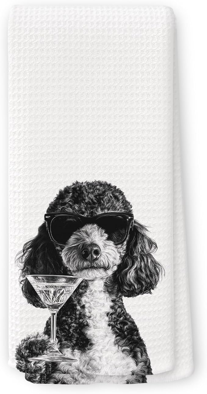Funny Poodle Cocktail Kitchen Towels, Gifts for Dog Wine Lovers, Bar Accessories Dish Tea Towels for Kitchen, Dog Owners Housewarming Gift Decorative Hand Towel 16x24 Inch