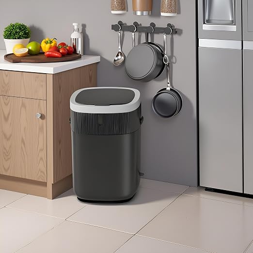 WM-DZT-12-36S Smart Motion Sensor Trash Can, Ultra-Quiet Soft-Close | Long Battery Life | Built-in Bag Storage & Portable PU Handle (Dark Grey)
