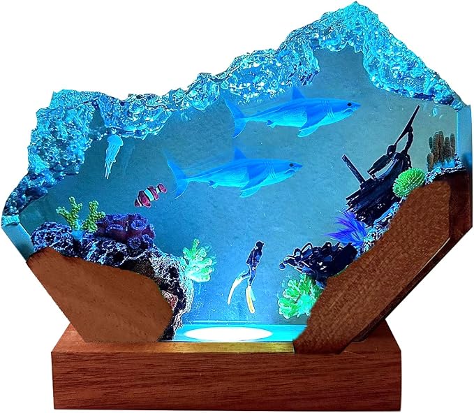 Scuba Diver and Shark Ocean Resin Lamp, Handmade Resin Night Light for Home Office Decor, Multi-Color LED Light with USB Port, Scuba Diver Gifts for Birthday, Shark Gifts for Women and Men (6"x4")