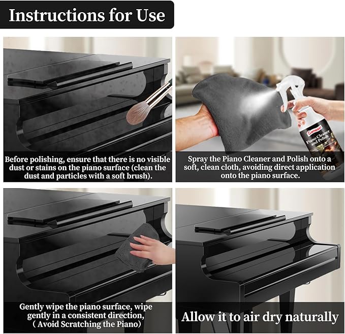 Piano Cleaner and Polish, Clean, Wax and Protect Glossy All in One Bottle Restore the Shine, Remove Fingerprints and Stains, and Enhance the Brightness of the Wood or Lacquer Finish, 8.45 Fl Oz