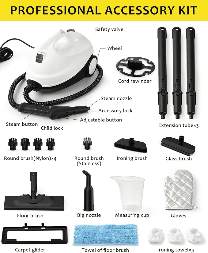 Steam Cleaner, Steamer Mop Cleaning For Home With 20 Accessories | High Temperature 248°F 120°C, Safety Lock, Floor, Window, Oven, Grout, Sealed Tile, Upholstered Furniture, Kitchen, Bathroom
