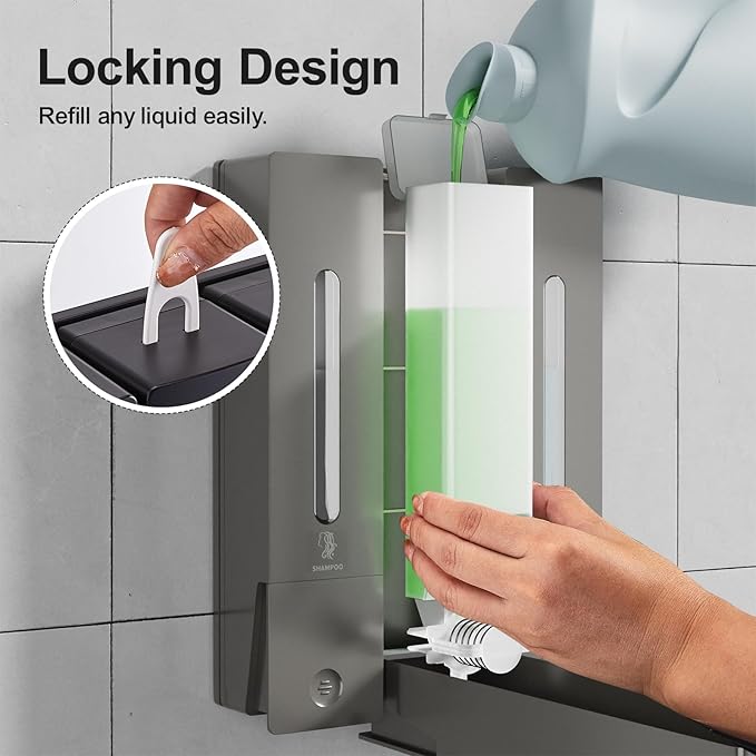 Shampoo and Conditioner Dispenser - Wall-Mounted 3-Chamber Shower Soap Dispenser, No-Drill, 1200ML Capacity, for Bathroom & Hotel