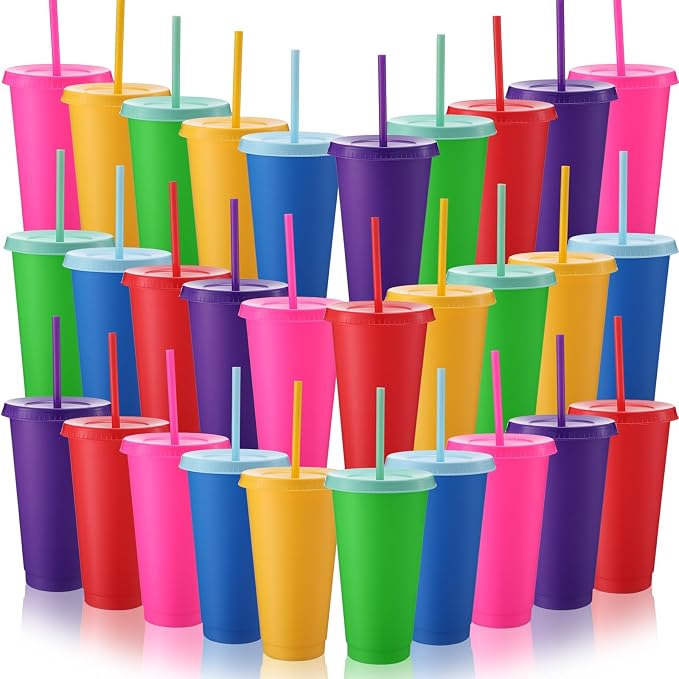 Honeydak 30 Pack Tumbler with Straw and Lid Bulk Cups for Gifts Water Bottle Iced Coffee Travel Mug Cup Reusable Plastic Tumblers for Party Birthdays 24-27 oz (Electric Color)