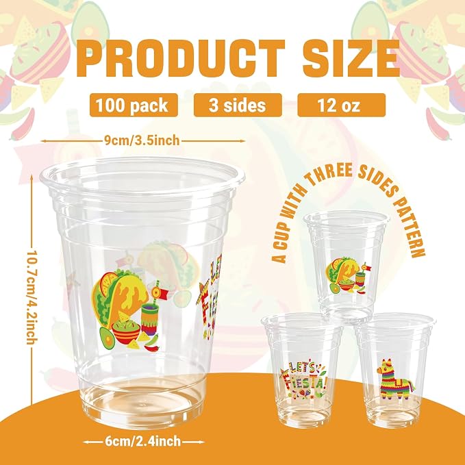 100 Pack Fiesta Plastic Cups 12 oz Mexican Cinco De Mayo Disposable Cups Mexican Party Favor Drinking Beverage Cup for Taco Birthday Hispanic Heritage Month Party Supplies