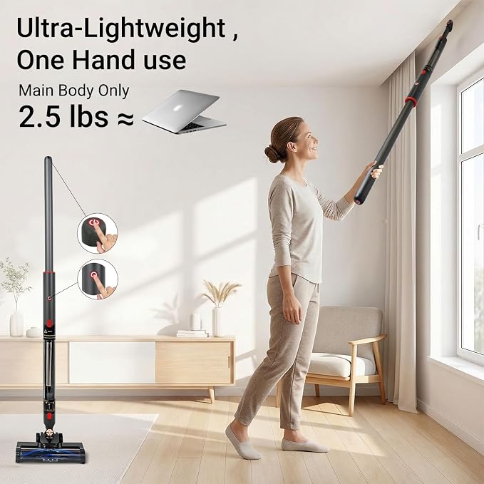 EZ SPARES Ultra-Light Handheld Stick Vacuum Cleaner,Featherweight Stick Cordless Vacuum,Lightweight Vacuum with Crevice Tool for Ceiling,Shelves,Corners,LED-Brushhead,Rechargeable(Pencil-Style,Grey)