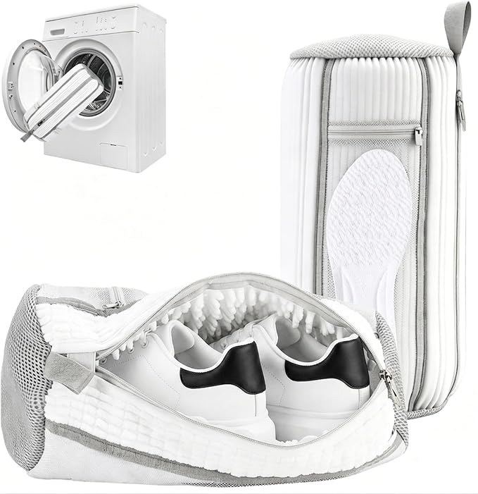 Shoe Washing Machine Bag 2 Pack, Laundry Shoe Bags with Insole Pocket, Reusable Shoe Cleaning Bags for Washer and Dryer, Protective 360° Deep Clean for Sneakers Tennis All Shoes Types (White)