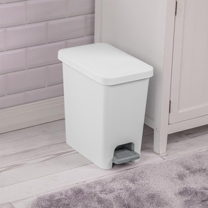 Sterilite 2.7 Gallon Rectangular Step On Kitchen Trash Bin Plastic Indoor Wastebasket with Removable Liner and Bag Holding Feature, White (4 Pack)