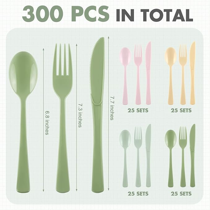 Kochorie 300 Pieces Sage Green and Pink Plastic Silverware, Disposable Plastic Utensils, Heavy Duty Cutlery Set Heavyweight Flatware Includes Spoons Forks Knives for Birthday Wedding Party Supplies