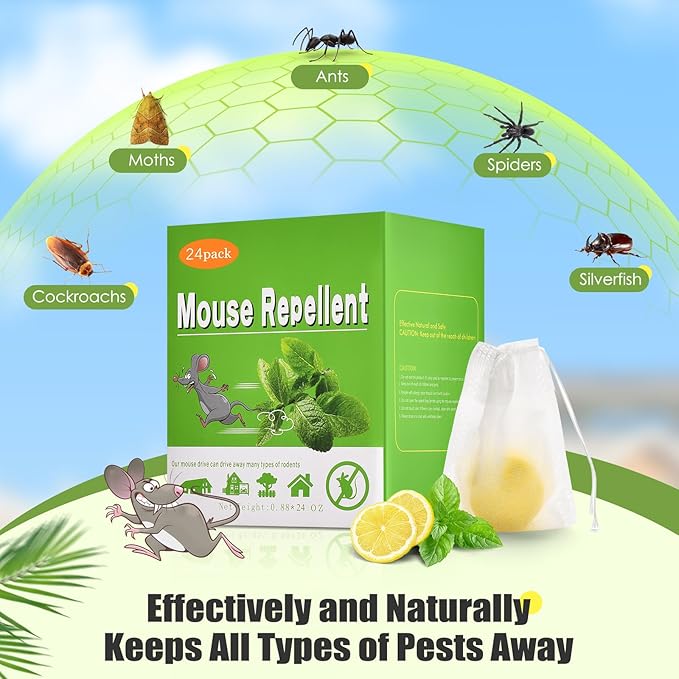 Mouse Repellent 24pcs Peppermint Oil Moth Balls for Rodents, Deterrent Rats Squirrel Mice Repellent for Car,Kitchen,Warehouse,Outdoor and Indoor, Safe for Humans & Pets