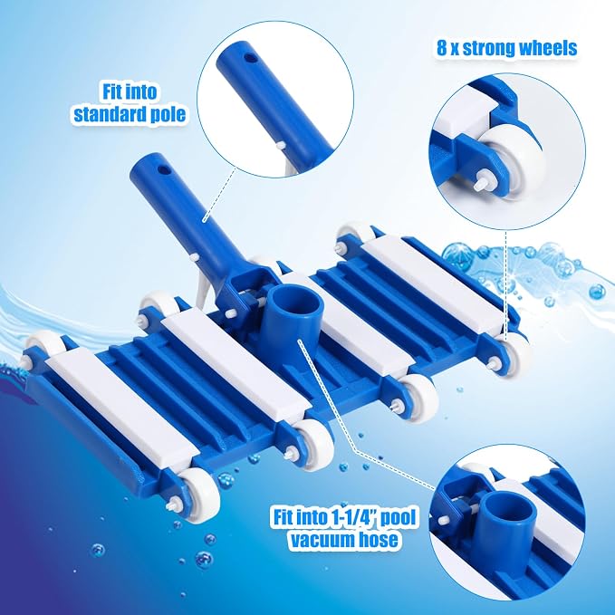 3 Pcs Pool Vacuum Kits Include 14" Vacuum Head with 47" Adjustable Pole with 1-1/2" x 18ft Long Hoses Flexible Head with Wheels for Above Ground Inground Pond Spa Hot Tub