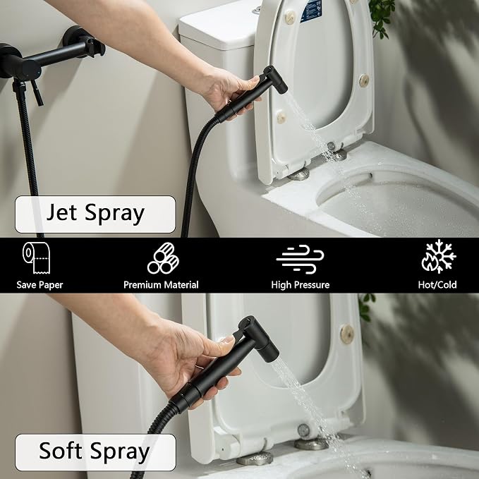 Handheld Bidet Sprayer for Toilet with Hot and Cold Water, Matte Black Stainless Steel Warm Water Round Bidet Spray Attachment Set