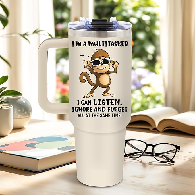 DUUV Multitasker Tumbler 40 Oz, Funny Monkey Design, Stainless Steel Insulated Mug with Humorous Multitasking Quote, Christmas Thanksgiving Gift for Busy Individuals, Co-Workers, and Friends, 1PCS