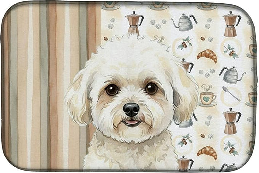 Caroline's Treasures White and Cream Bichon Frise Coffee Bar Dish Drying Mat Absorbent Dish Drying Mat Pad for Kitchen Counter Dish Drainer Mat for Countertop, 14 x 21", Multicolor