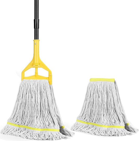 Heavy Duty Commercial Industrial Cotton Mop with Long Handle,Looped-End String Wet Mops with Replacement Mop Head for Home,Garage,Office, Workshop, Warehouse Floor Cleaning