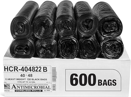 Aluf Plastics High Density Trash Bags, 45 Gallon, 600 Count, 22 Micron (eq), 40" x 48", Black, for Bathroom, Office, Industrial, Commercial, Janitorial, Municipal, Recycling