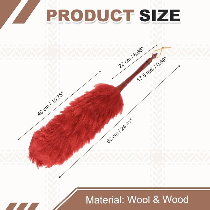 uxcell Wool Duster, 24.4" Natural Feather Cleaner Household Cleaning Duster with Solid Wooden Handle for Cleaning Fans Window Blinds Shelves Furniture, Red
