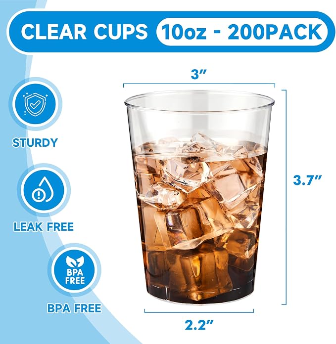 RACETOP 10 oz 200 Pack Clear Plastic Cups, Disposable Clear Plastic Cups for Parties, Gatherings, Weddings and Festival Events