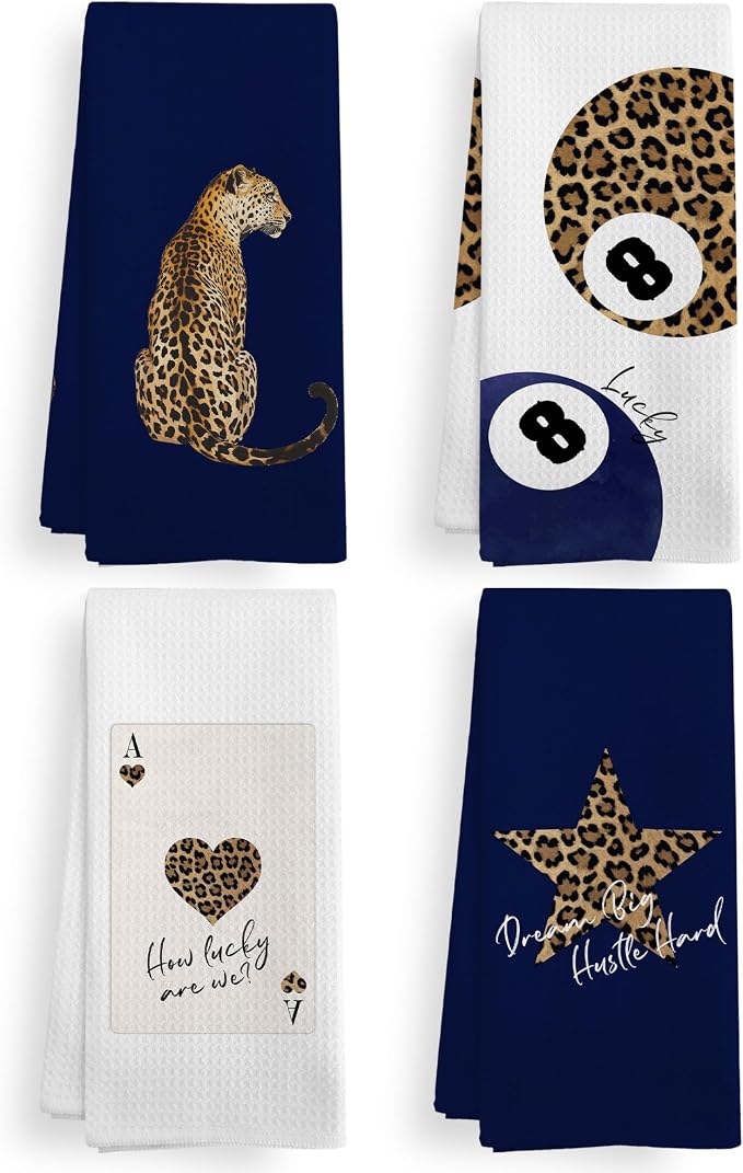 Trendy Leopard Cheetah Print Poker Lucky 8 Ball Bathroom Decor, Preppy Navy Blue Leopard Decor Dish Hand Towels for Bathroom Kitchen Sets of 2, Cheetah Kitchen Towels and Dishcloths,16x24