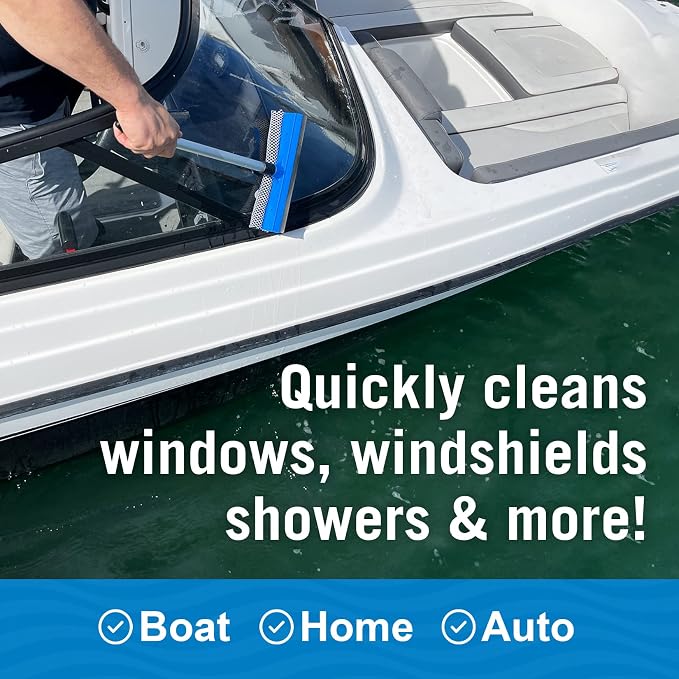 Window Squeegee with Long Handle and Scrubber, for Car, Boat, RV Windows, Windshields, and Shower Glass Doors, Cleaning Tool with Large Sponge