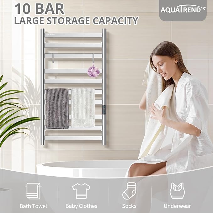Heated Towel Rack for Bathroom, Towel Warmer with 10 Bar Flat Rack Large, Electric Hot Towel Rack Wall Mounted, LED Buit-in Timer, Plug-in, Stainless Steel, Fast Heating, Brushed Nickel