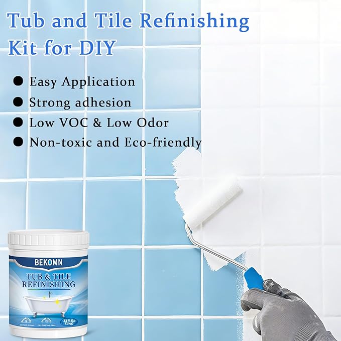 BEKOMN Tub Paint,Tub and Tile Refinishing Kit 33oz with Tools,Bathtub Paint White Water-based Low Odor,Easy to Use for Sink Kitchen Bathroom,Semi-Gloss,50-55sq.ft