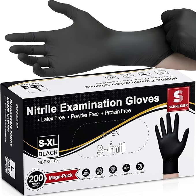 Schneider Nitrile Exam Gloves, Black Latex Free Powder Free Disposable Gloves for Medical, Cooking, Cleaning, and Food Prep