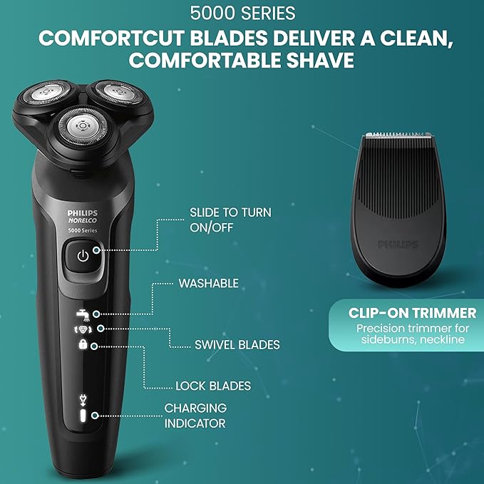 Philips Electric Shavers for Men, Rechargeable AquaTouch Mens Electric Shaver Wet and Dry with Comfort Cut Blades and Click-on Precision Trimmer, Cordless Electric Razors with 5D Flex Head