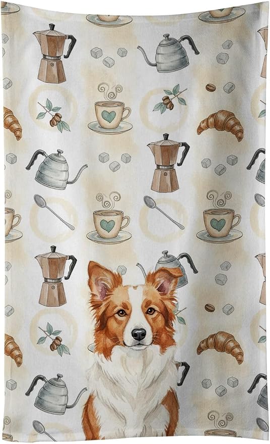 Caroline's Treasures Red and White Border Collie Coffee Bar Kitchen Towel Velour Plush Front and Cotton Loop Back Machine Washable