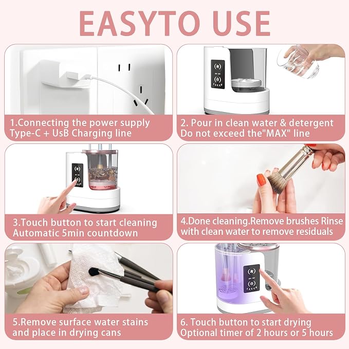 Makeup Brush Cleaner: LCD Touchscreen Electric Automatic Washer and Dryer - Suitable for Various Types of Makeup Brushes - Beauty Gifts for Women