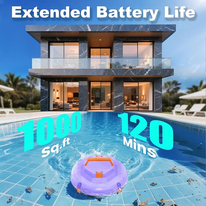 2026 Cordless Robotic Pool Cleaner - 120 Mins Automatic Pool Vacuum for Above Ground Pool & In - Ground Flat Pools up to 1000 Sq.Ft, Robot Pool Cleaner with Self - Parking Tech