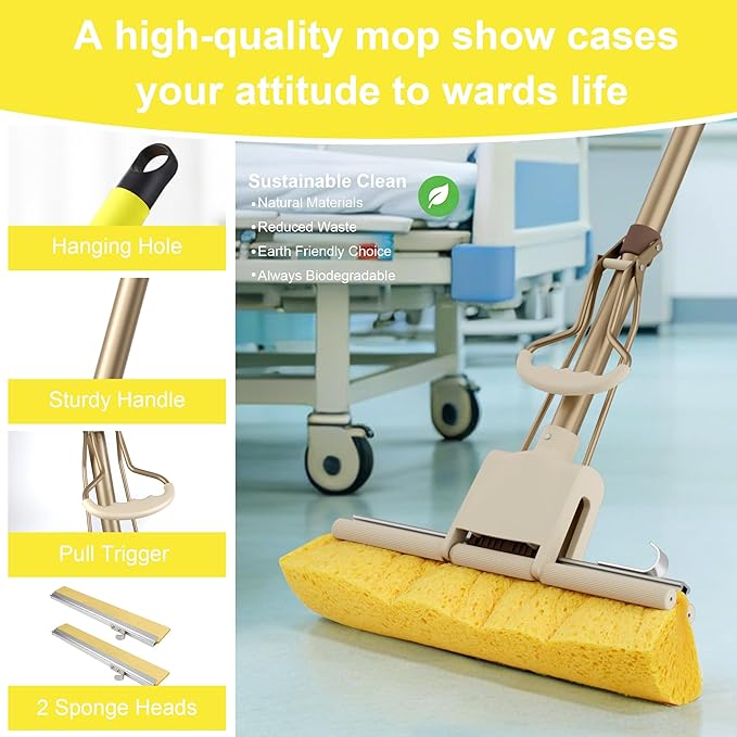 LILAC Cellulose Sponge Mop with 2 Replacement Heads, 4-Color Handle Choices for Zoned Cleaning, Super Absorbent Pop Up Roller Mop for Hardwood,Laminate Floors, Heavy Duty Floor Scrubber (Yellow)