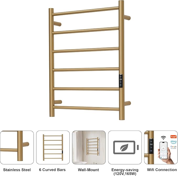 Electric Towel Rack with Voice Control for Alexa & Google Home,TUYA-Wall-Mounted Bathroom Heating Towel Warmer,Plug-in,26.77x20.47x4.39in,Stainless Steel Material,Gold，6 Bars