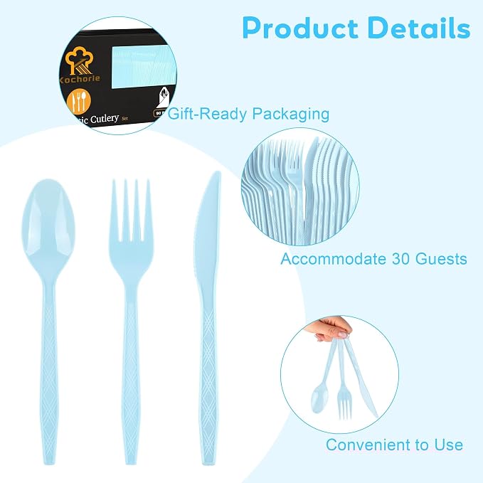 Kochorie 90 Pieces Light Blue Plastic Cutlery Set Disposable Plastic Utensils Heavy Duty Flatware Set Includes 30 Knives 30 Forks 30 Spoons for Wedding Birthday Baby Shower Party Supplies