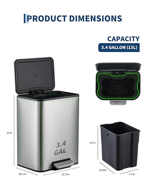 GarveeHome 3.4 Gallon Small Bathroom Trash Can, Stainless Steel Garbage Can with Quiet Soft-Close Lid, Foot Pedal & Removable Inner Bucket for Home, Office, Silver