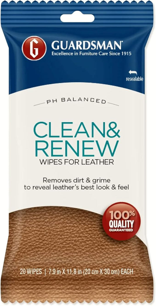 Guardsman Clean and Renew Leather Protector for Leather Furniture & Car Interiors | Small Leather Goods and Leather Shoe Cleaner, Wipes 20 Count