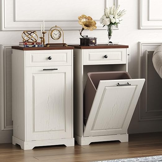Function Home Trash Can Cabinet, 13 Gallon Tilt Out Trash Cabinet, Wooden Kitchen Garbage Can with Hideaway Drawer, Pet Proof Trash Can Holder for Kitchen Living Room, Antique White with Brown Top