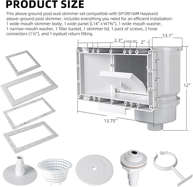 TonGass Complete-Set SP1091WM Thru-Wall Skimmer Kit Compatible with Hayward Above-Ground Pool Skimmers, Wide Mouth Through Wall Skimmer Set for SP1091WM Dyna-Skim Above-Ground Pool Skimmers