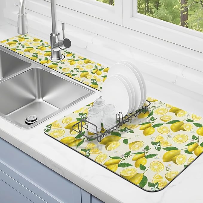 Dish Drying Mat for Kitchen Counter Matt, 2PCS 23"x15" Dish Drainer Mat & 24"x5.5" Sink Splash Guard, Super Absorbent Non-slip Rubber Backed