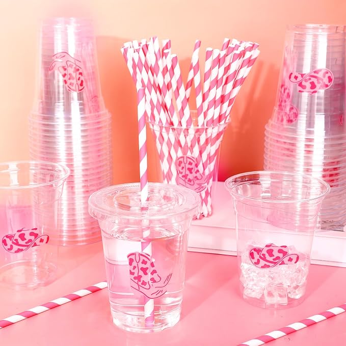 FYSUIMU 50Pcs Western Cowgirl Disposable Plastic Cups with Lids and Straws 12Oz Pink Preppy Cowboy Boot Hat Cold Beverage Drink Cup for Rodeo Birthday Party Supplies