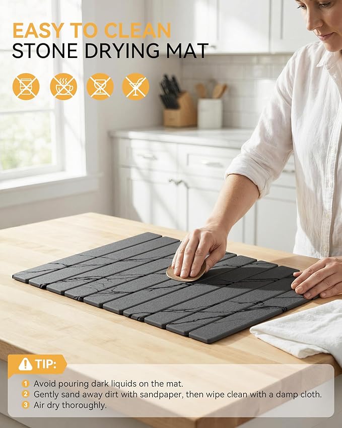 Yofidra Large Stone Dish Drying Mat for Kitchen Counter, Quick Dry Stone Mats with Absorbent Diatomaceous Earth, Foldable Roll Up Drying Organizer Pad for Utensils Plate, 24"×16", Dark Gray Marble