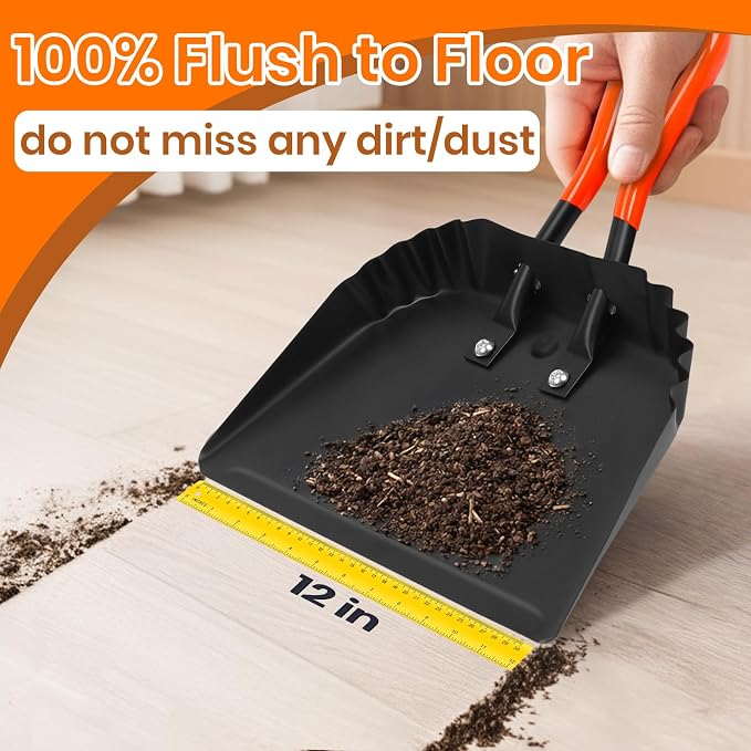 (2PK) Metal Dust Pans Heavy Duty, 12” Outdoor Dustpan with Rubber Handheld Handle, Large Shovel Wide Scoopers for Garage Shop Fireplace Commercial Uses