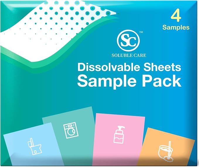 Sample Sheet Pack | Includes: 1 Laundry, 1 Toilet Cleaner, 1 Floor Cleaner & 1 Foaming Hand Soap Dissolvable Sheets (Concentrated, Compostable, Sustainable Cleaning Solution)