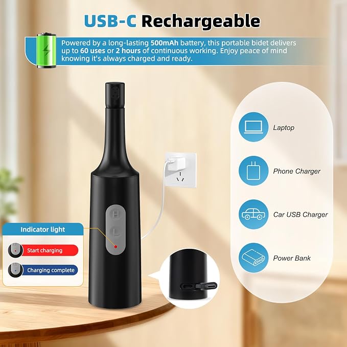 Hibbent Portable Bidet for Travel, High Pressure Electric Handheld Bidet Sprayer, 350-550ML Expandable Bottle for Personal Hygiene, USB-C Rechargeable Waterproof, Travel Sprayer for Women & Men, Black