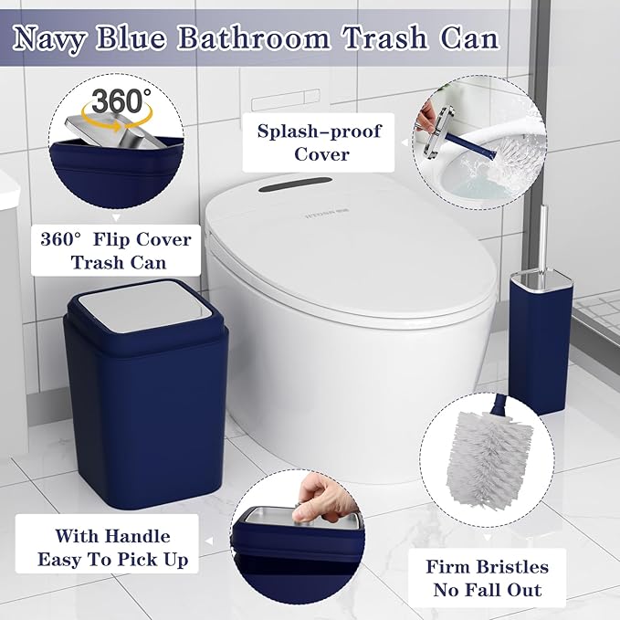XLHOMO 24PC Navy Blue Bathroom Set with Shower Curtain and Rugs, Blue Bathroom Sets Complete with Trash Can,Soap Dispenser,Soap Dish,Toilet Brush,Toothbrush Holder and Cup,Tray,Q-Tip Holders